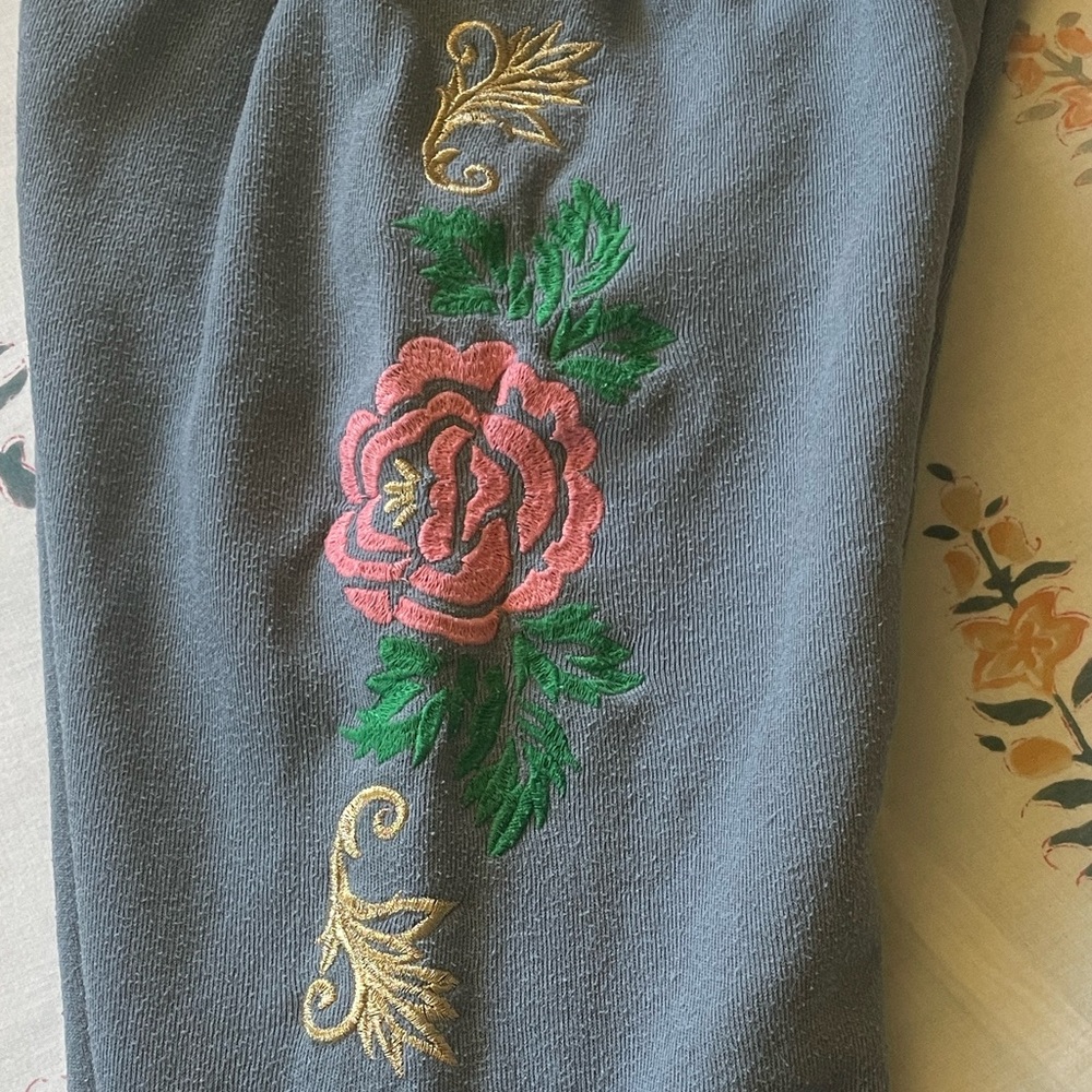 Wildfox Gray Joggers with Pink Floral Embroidery